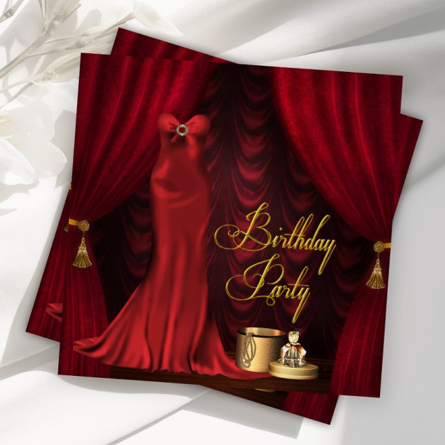 Convite Festa de Aniversário Rubi Vermelho de Mulher (Beautiful ruby red and gold woman's any number birthday party invitation.)