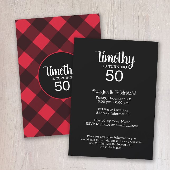 Convite Festa de aniversário Russo Vermelho e Xadrez Negra (Buffalo Plaid Birthday Party Invitation)