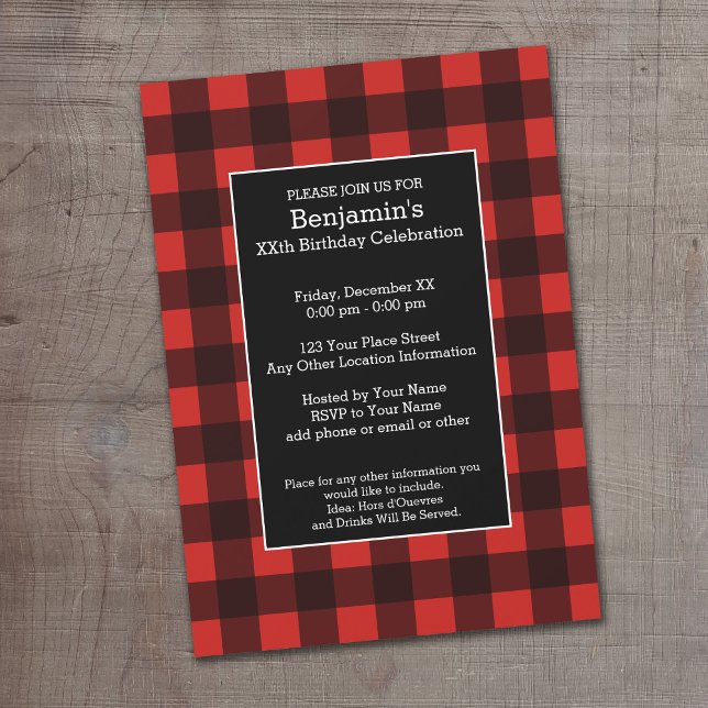 Convite Festa de aniversário Russo Vermelho e Xadrez Negra (Buffalo Plaid Birthday Party Invitation)