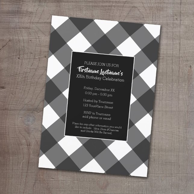 Convite Festa de aniversário Rustic Black & White Buffalo  (Buffalo Plaid Birthday Party Invitation)
