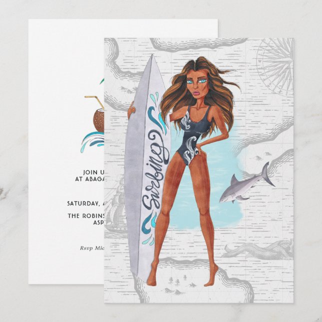 Convite Festa de aniversário Rustic Summer Surfer Beach (Frente/Verso)