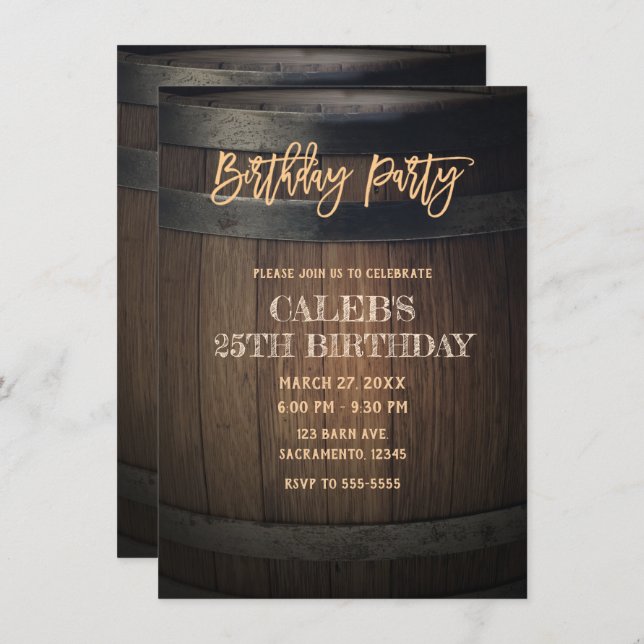 Convite Festa de aniversário Rústica de Barrel em Madeira (Frente/Verso)