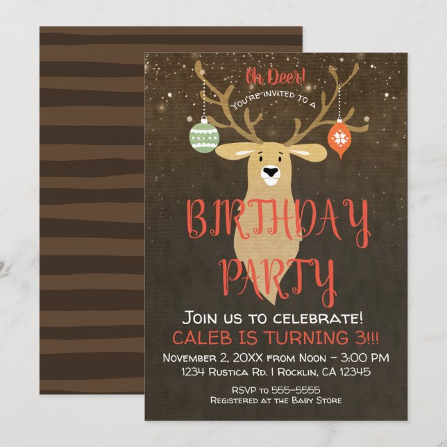 Convite Festa de Aniversário Rústica de Veado das Férias d (Frente/Verso)