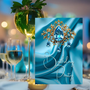 Convite Festa de Aniversário Seda Azul Pó jóia Dourado