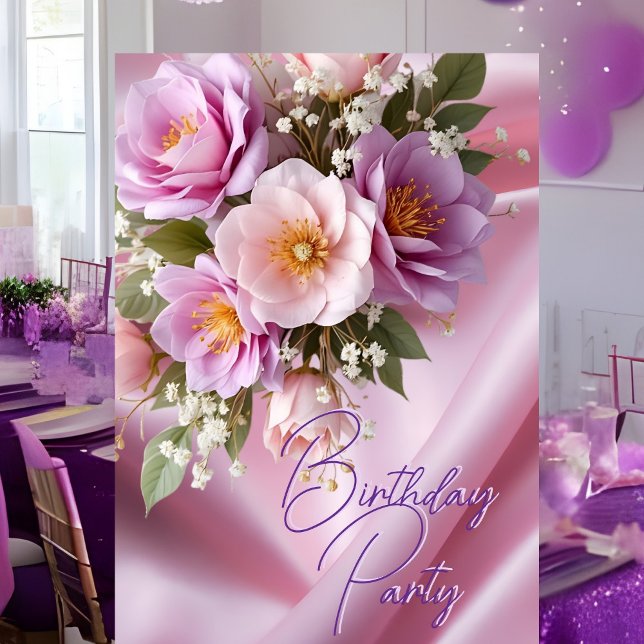 Convite Festa de Aniversário Seda Bege Rosa Flores de Lilá (Criador carregado)