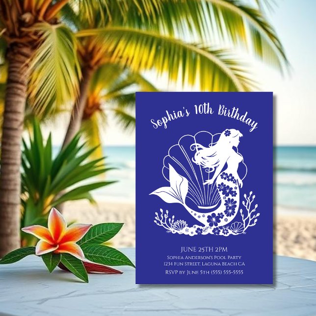 Convite Festa de Aniversário - Sereia Havaiana (Hawaiian Mermaid Sea Shells Tropical Flowers Coral, Birthday Invitation Ocean Blue)