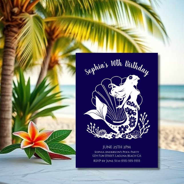 Convite Festa de Aniversário - Sereia Havaiana (Hawaiian Mermaid Sea Shells Tropical Flowers Coral, Birthday Invitation Dark Blue)