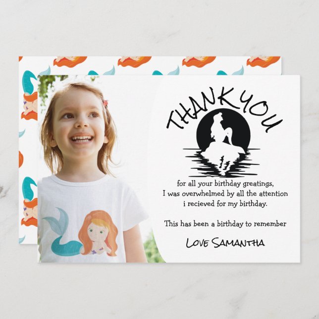Convite Festa de aniversário Sereia Obrigado (Frente/Verso)