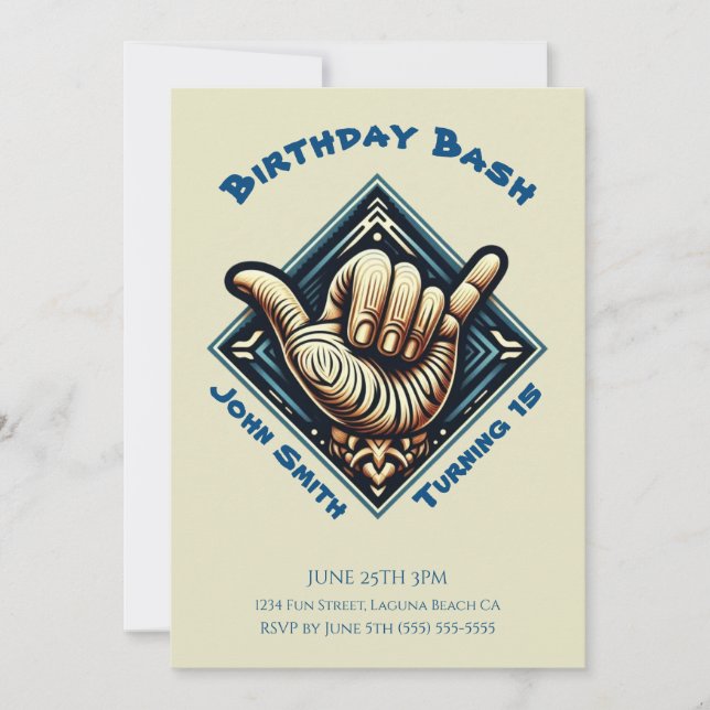 Convite Festa de Aniversário- Símbolo da Mão do Surfista- (Frente)