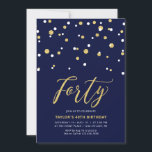 Convite Festa de Aniversário Simples Navy & Gold Quarenta<br><div class="desc">Celebre seu dia especial com este convite de aniversário de 40 anos minimalista. Este design apresenta um elegante "Quarenta" em letra cursiva com confetes em forma de hexágono numa combinação de cores azul-marinho e dourado. Mais designs estão disponíveis na minha loja BaraBomDesign.</div>