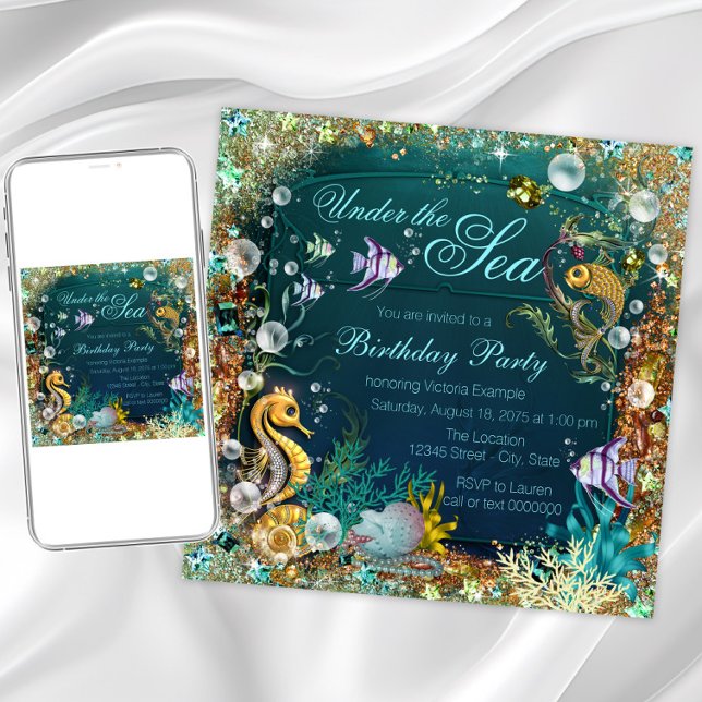 Convite Festa de Aniversário Sob o Mar (Beautiful teal blue and gold under the sea any event invitation. Simply add your details. )