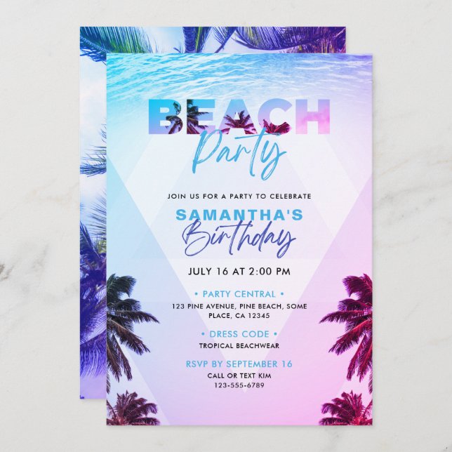 Convite Festa de aniversário solar tropical de praia rosa  (Frente/Verso)