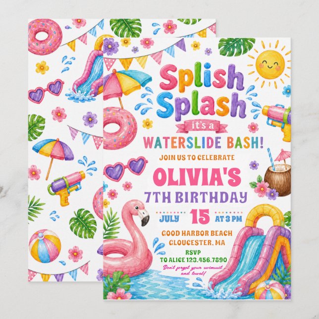 Convite Festa de Aniversário Splash Splash Waterslide Bash (Frente/Verso)