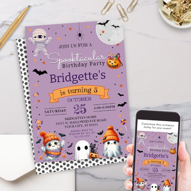 Convite Festa de aniversário Spooktacular de Halloween Rox (Cute purple spooktacular birthday party halloween kids party invitation for class or costume party)