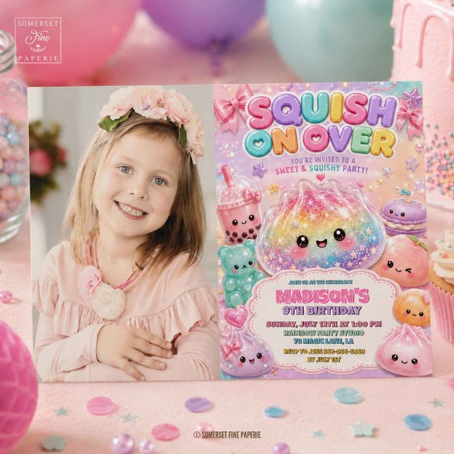 Convite Festa de Aniversário Squishies Dumpling Brilho Arc (Rainbow Glitter Dumpling Squishies Birthday Party Invitation
)