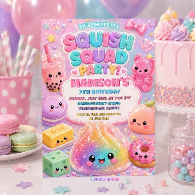 Convite Festa de Aniversário Squishy Arco-Íris Glitter (Glitter Rainbow Squishy Birthday Party Invitation)