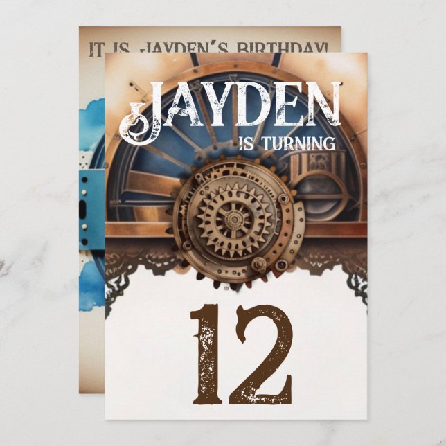 Convite Festa de aniversário Steampunk Dourada azul (Frente/Verso)