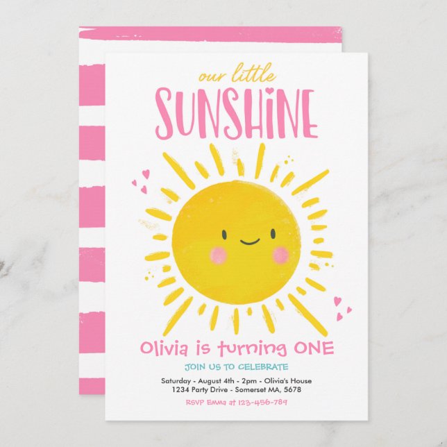 Convite Festa de aniversário Sunsher Rosa Nosso Pequeno So (Frente/Verso)