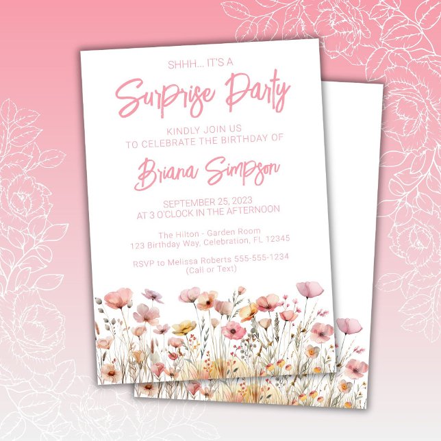Convite Festa de Aniversário Surpresa com Flores Rosa (Criador carregado)