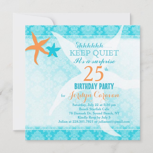 Convite Festa de aniversário Surpresa de Praia Starfish (Frente)