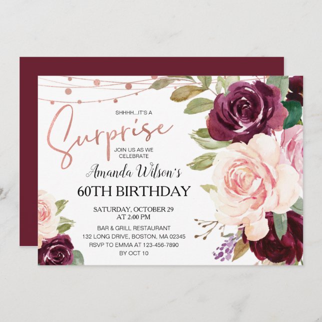 Convite Festa de aniversário Surpresa de Script Burgundy E (Frente/Verso)