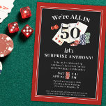 Convite Festa de aniversário Surpresa do Casino Poker<br><div class="desc">Entre com sua festa de aniversário surpresa com um tema de casino ou de pôquer com esses convites vermelhos e negros editáveis personalizados com a idade da honestidade e com cartas de jogar, dados e chips de pôquer. ASSISTÊNCIA: para obter ajuda com a modificação/personalização do design, alteração de cor, transferência...</div>