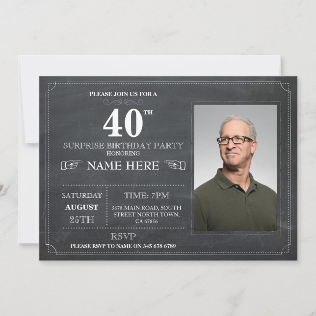 Convite Festa de aniversário Surpresa do Quadro 40º Convit (Frente)