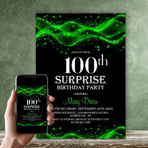 Convite Festa de Aniversário Surpresa Preto e Verde de 100
