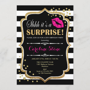 Convite Festa de aniversário Surpresa - Rosa Preto Dourado