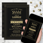 Convite Festa de aniversário surpresa Shhh! Preto Elegante<br><div class="desc">Você pode guardar um segredo? Convide a família e os amigos para uma elegante e excitante celebração de aniversário surpresa com convites de festas pretos e dourados personalizados. Toda a redação desta modelo é simples de personalizar, incluindo a mensagem que diz "Shhh! É uma SURPRESA." O design apresenta uma fronteira...</div>