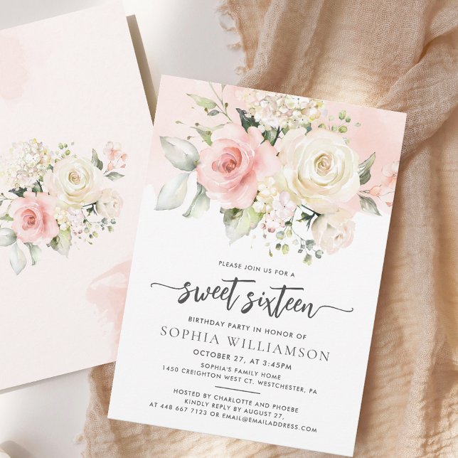 Convite Festa de Aniversário Sweet 16 com Flores Rosa (Pink Floral Sweet Sixteen Script Watercolor 16th Birthday Party Invitation)