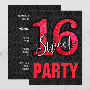 Convite Festa de Aniversário Sweet 16 Damasco Preto Brilho