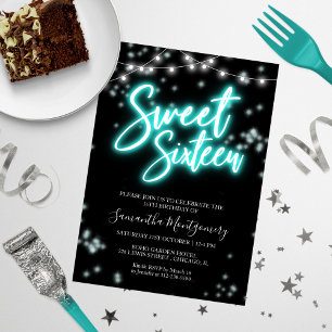 Convite Festa de Aniversário Sweet 16 Neon Teal Glow Dark