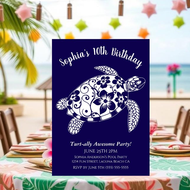 Convite Festa de Aniversário-Tartaruga Havaiana (Birthday Party Invitation, Hawaiian Turtle, Tropical Flowers, Hawaiian Tribal, summer, beach, pool)