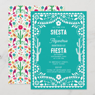 Convite Festa de Aniversário Teal Floral Tradicional Mexic