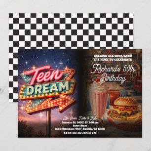 Convite Festa de Aniversário Teen Dream Retro Diner Estilo