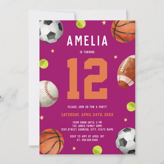 Convite Festa de Aniversário Tema Esportes para Meninas  (Frente)