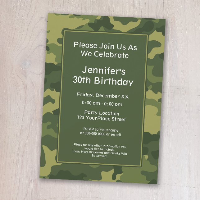 Convite Festa de aniversário Tema Militar Camo (A camouflage print birthday party invitation)
