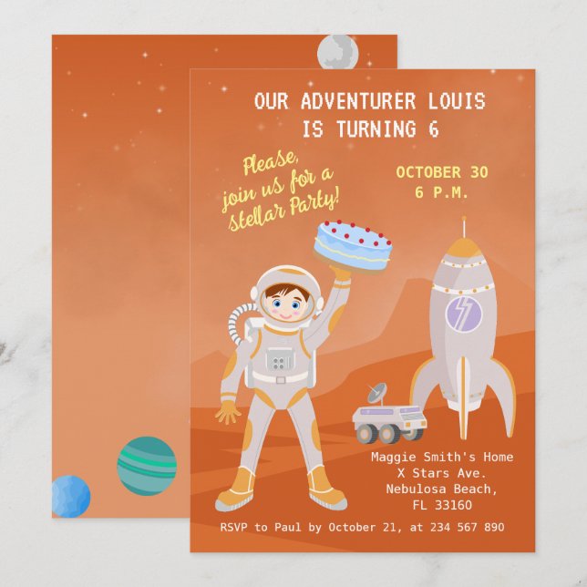 Convite Festa de aniversário temática de menino astronauta (Frente/Verso)