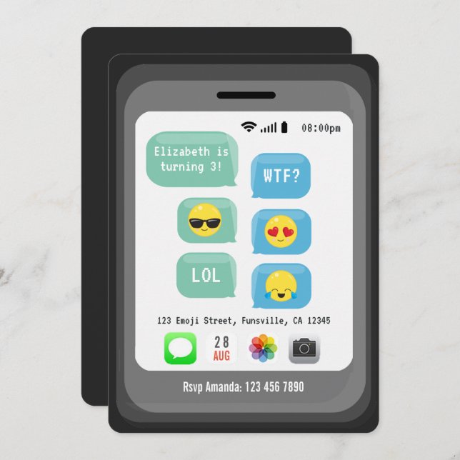 Convite Festa de aniversário temática Emoji (Frente/Verso)
