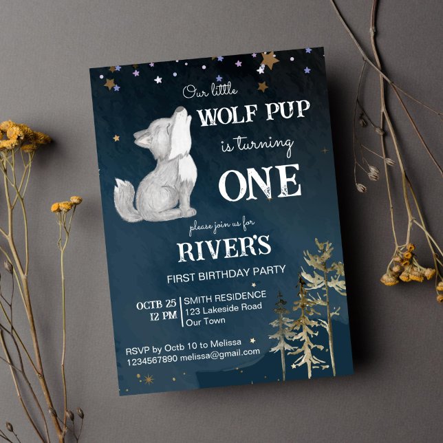 Convite Festa de aniversário temida de lobo pequeno (Wolf themed birthday party invitation template little pup woodlands wild one invitation)