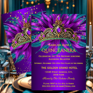Convite Festa de Aniversário Tiara Roxo Azul Turquesa Quin