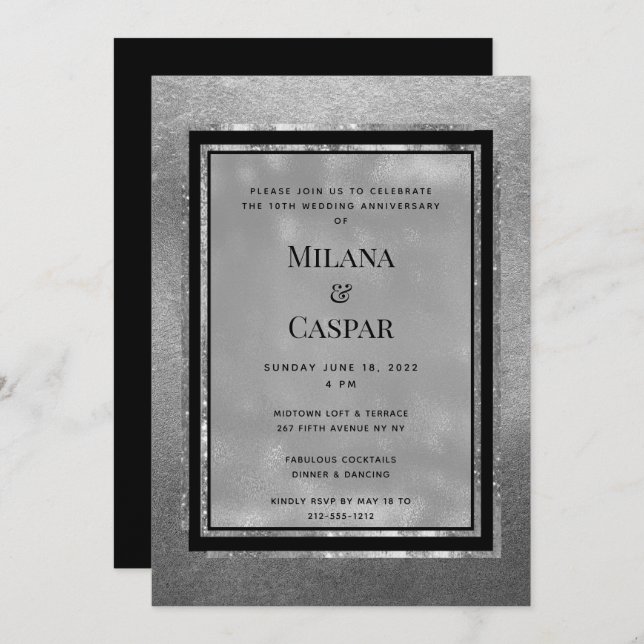 Convite Festa de Aniversário Toasted Silver Shimmer (Frente/Verso)