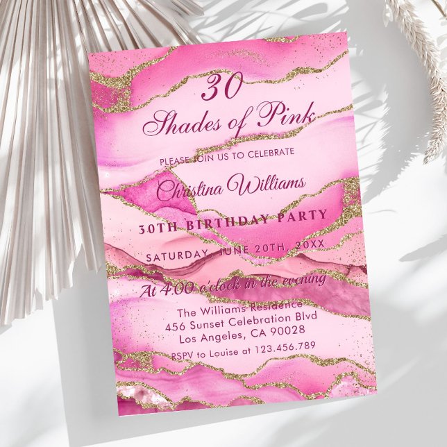 Convite Festa de Aniversário Tons Elegantes de Rosa (Elegant Pink and Gold Marble, Shades of Pink Birthday Party Invitation)