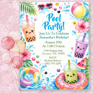 Convite Festa de Aniversário Tropical com Aguarela na Pisc