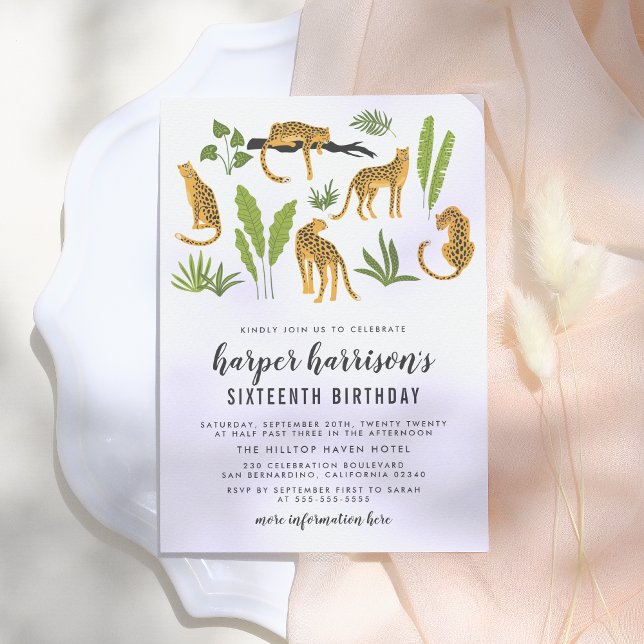 Convite Festa de aniversário tropical da selva de chita (Criador carregado)