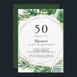 Convite Festa de aniversário Tropical de Destino Geométric<br><div class="desc">Esse destino geométrico do convite de aniversário 50º tropical é perfeito para uma festa de aniversário moderna. O design apresenta palma verde-aquarela pintada à mão e folhas de bananeira bem organizadas em belos buquês,  enfeitando um quadro geométrico dourado.</div>