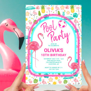 Convite Festa de Aniversário Tropical Flamingo na Piscina