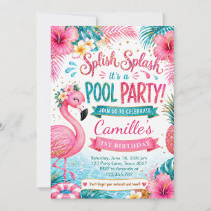 Convite Festa de Aniversário Tropical Flamingo Splash Pool