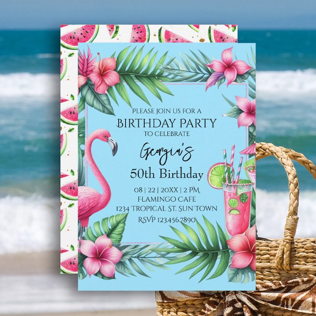 Convite Festa de aniversário Tropical Flamingo Watermelon (Tropical Flamingo Watermelon Birthday Party Invitation.  Celebrate your birthday with beach vibes.)